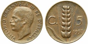 obverse: Vittorio Emanuele III (1900-1943). 5 centesimi 1937 
