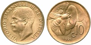 obverse: Vittorio Emanuele III (1900-1943). 10 centesimi 1921 