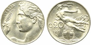obverse: Vittorio Emanuele III (1900-1943). 20 centesimi 1908 
