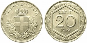 obverse: Vittorio Emanuele III (1900-1943). 20 centesimi 1919 