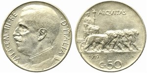 obverse: Vittorio Emanuele III (1900-1943). 50 centesimi 1919 contorno liscio 
