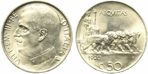 obverse: Vittorio Emanuele III (1900-1943). 50 centesimi 1920 contorno liscio 
