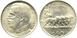 obverse: Vittorio Emanuele III (1900-1943). 50 centesimi 1921 contorno liscio 