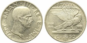 obverse: Vittorio Emanuele III (1900-1943). 50 centesimi 1936  