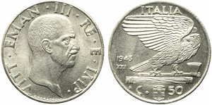 obverse: Vittorio Emanuele III (1900-1943). 50 centesimi 1943  