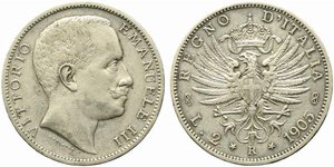 obverse: Vittorio Emanuele III (1900-1943). 2 lire 1905 