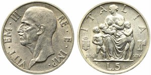 obverse: Vittorio Emanuele III (1900-1943). 5 lire 1936. Gig. 83. SPL