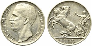 obverse: Vittorio Emanuele III (1900-1943). 10 lire 1928 *una rosetta  