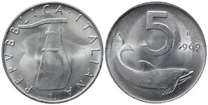 obverse: REPUBBLICA ITALIANA. 5 lire 1969 