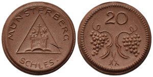 obverse: GERMANIA. Munsterberg. Notgeld da 20 pfennig anni  20. Porcellana (2,65 g). FDC