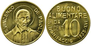 obverse: S.BONIFACIO. gettone buono alimentare da 10 centesimi 1938. AE dorato (2,52 g) San Vincenzo De Paoli. FDC