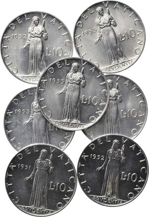 obverse: VATICANO. Pio XII. Lotto di 7 monete da 10 lire. FDC