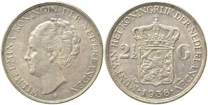 obverse: OLANDA. Wilhelmina I (1890-1948). 2-1/2 Gulden 1938. KM#165. SPL+