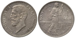 obverse: ROMANIA. Carol I. 1 Leu 1914. Ag. SPL+