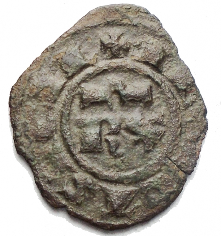 obverse: Zecche Italiane - Brindisi o Messina. Corrado I (1250-1254). Denaro. D/ Rx omega. R/ Croce. Guglielmi 244 bis. MI. Grammi 0,57. BB