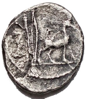 reverse: ROMANE REPUBBLICANE - PLANCIA - Cn. Plancius (55 a.C.) - Denario - Testa di Diana Planciana a d. /R Capra cretese verso d.; dietro, arco e faretra B. 1; Cr. 432/1 (AG g. 3,46)