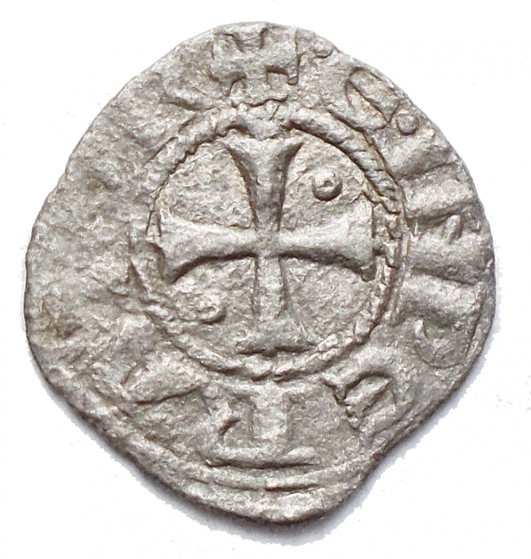 obverse: Messina. Enrico VI (1194-1198). Denaro. D/ Aquila volta a sinistra. R/ Croce, nei quarti 2 globetti. MI 0.67 g 