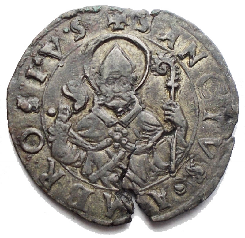 obverse: MILANO. Francesco II Sforza (1522-1525). Grosso da 3 soldi, con corona su nastro e mezzo busto di S.Ambrogio. Crippa 9. MIR 273. AG. gr 2,54. BB+. Patina