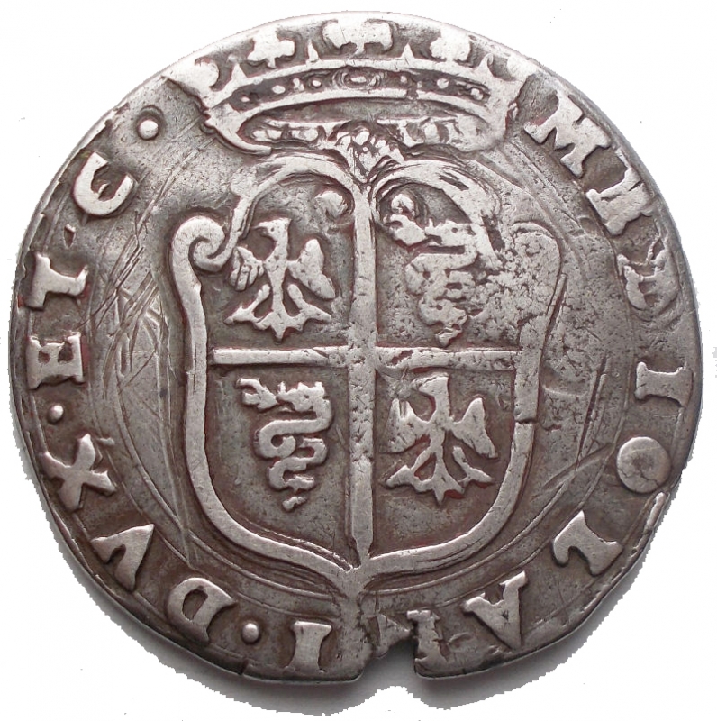reverse: MILANO. . Filippo II di Spagna, duca di Milano, 1554-1598. Mezzo Scudo Ar g 15,14. mm 32,2