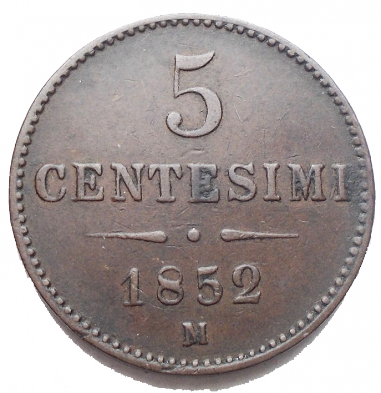 obverse: Milano. Francesco Giuseppe (1848-1859). 5 centesimi 1852. Pag. 242. AE. NC. qSPL.