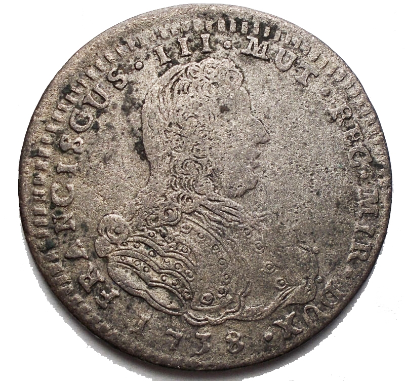 obverse: Zecche Italiane - Modena. Francesco III d Este. 1737-1780. 2 Lire 1738. MIR 843. Peso 11,08 gr. Diametro 31,86 mm. qBB.
