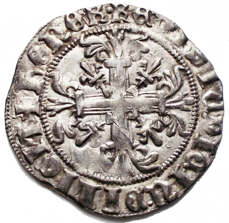 reverse: Roberto d’Angiò (1309-1343), Gigliato,Napoli, AR, (g 3,98, mm 27,74). +ROBERT⋅DEI⋅GRA⋅IERL’⋅ET⋅SICIL’⋅REX, Roberto seated facing, holding lis-tipped scepter and cruciger globus , Rv. +hONOR⋅REGIS⋅IUDICIV⋅DILIGIT, cross fleurée; lis in each angle. MIR 28/7; CNI 83 var; Pannuti-Riccio 2a; MEC 14, 714. Rare. Old cabinet tone. VF - aEF
