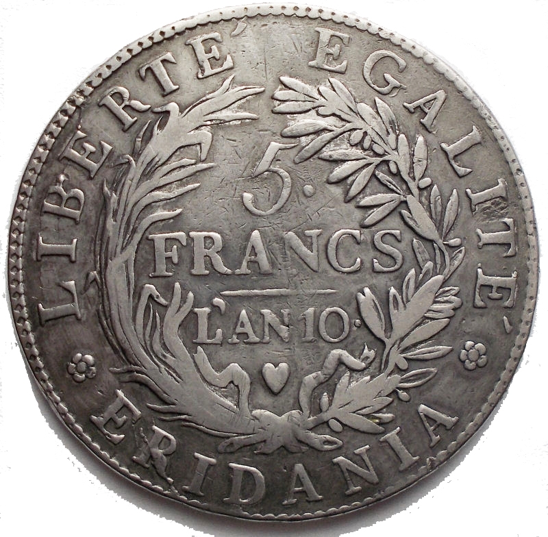 reverse: Zecche Italiane - Torino. Repubblica Subalpina 1802. 5 franchi. D/ GAULE SUBALPINE. R/ 5 FRANCS l AN X in corona d alloro LIBERTE  EGALITE  ERIDANIA. 