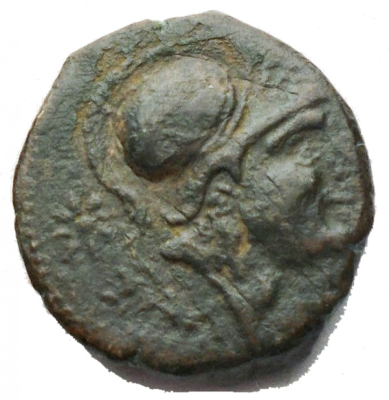 obverse: APULIA, Salapia. Circa 225-210 BC. Æ (13,32 mm. 3,15 gr). Head of Athena right, wearing crested Corinthian helmet; star and ΣAΛ to left / Owl standing right, head facing; club to left. Unpublished in the standard references. aVF, earthen green patina. Apparently unique.