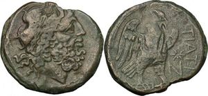 obverse: Greek Italy. Northern Apulia, Teate. AE Nummus, c. 275-225 BC. D/ Head of Zeus of Dodoma right, wearing oak-wreath. R/ TIATI. Eagle standing right on thunderbolt, wings open; star and N before. HN Italy 703; SNG ANS-; SNG France 1419 var. (no star). AE. g. 27.70 mm. 33.00 RR. Very rare. Green brown patina, with reddish spots. VF.