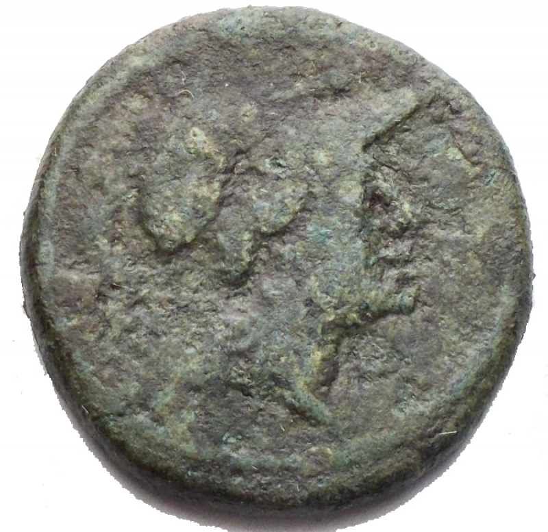 obverse: Greek Italy. Northern Apulia, Teate. AE Teruncius, c. 225-200 BC. D/ Helmeted head of Athena right. R/ TIATI. Owl standing right, head facing, on palm frond; to right, wreath; below, three pellets. HN Italy 702 b. Cf. SNG ANS 747-8 (no wreath to right). HGC 657. AE. g. 10.65 mm. 24.00 Lovely light green patina. Good VF.