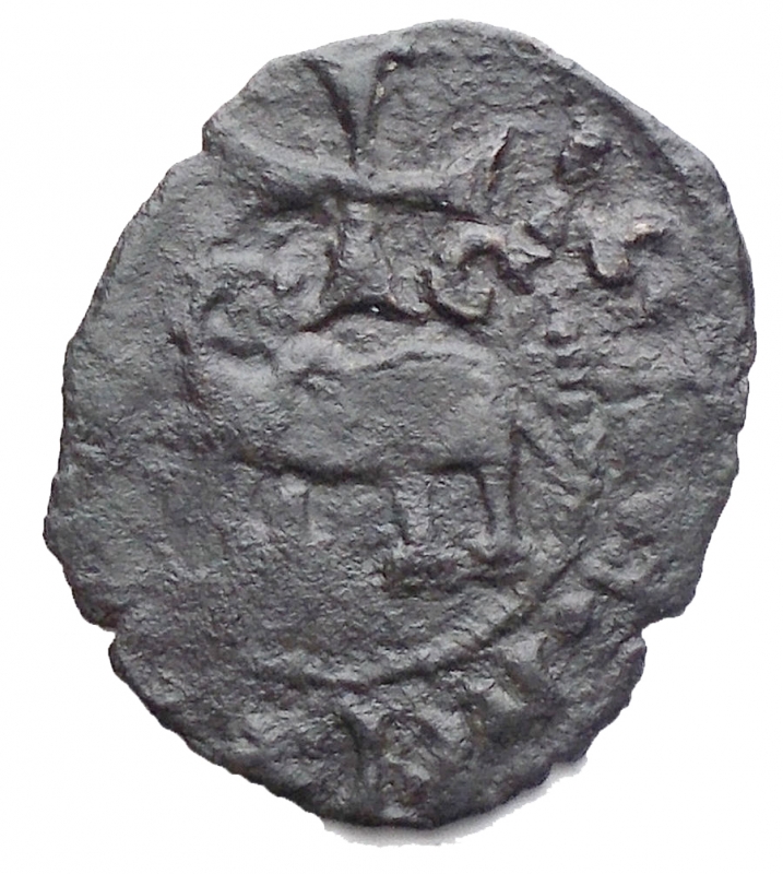 obverse: Catania Federico IV d Aragona 1355-77 Denaro BB+ R gr. 0,58 D/ Stemma aragonese R/ Elefante a sin. sormontato da croce Rif. catalogo: M.I.R., 1; Sp., 266-73