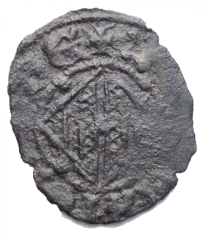 reverse: Catania Federico IV d Aragona 1355-77 Denaro BB+ R gr. 0,58 D/ Stemma aragonese R/ Elefante a sin. sormontato da croce Rif. catalogo: M.I.R., 1; Sp., 266-73