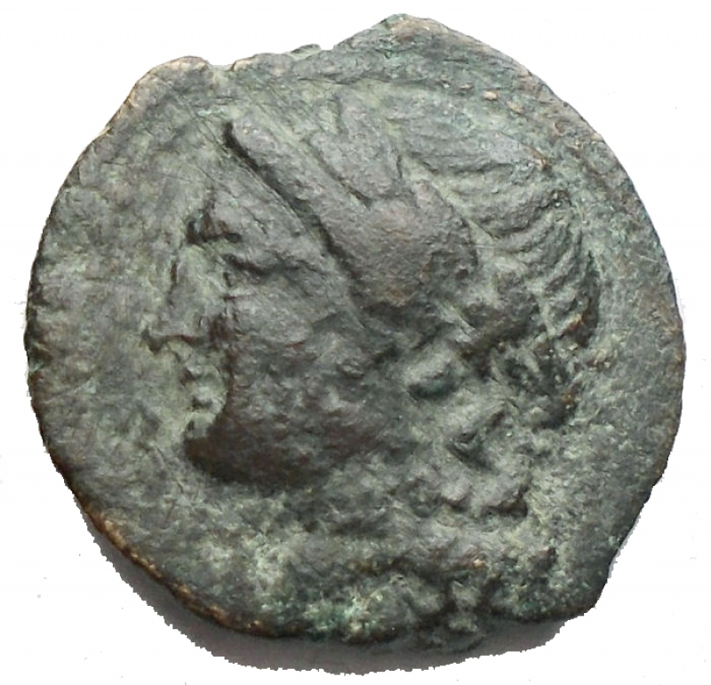 reverse: Campania. Neapolis. (Circa 250-225 A.C). AE Obolo. D/ Testa laureata di Apollo a sinistra. R/ Toro androcefalo a destra; sopra vittoria. g 2,23 mm 14,49 BB  Patina verde