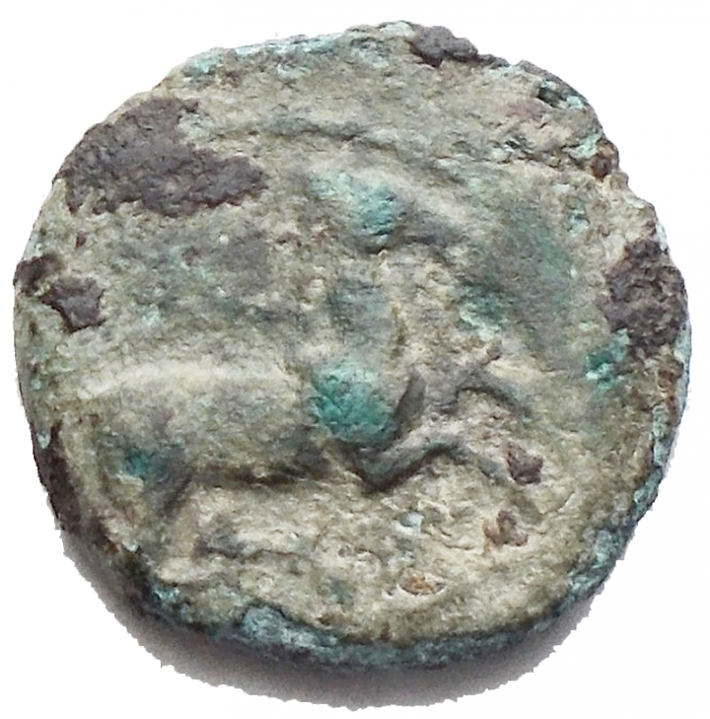 obverse: Sicily. Panormos (as Ziz) ca. 336-330 BC. AE g 1,59; mm 13,18. Forepart of man-headed bull r.; above, [ZIZ], Rv. Horse pancing r.; above, corn-grain. Green emerald patina, good very fine.