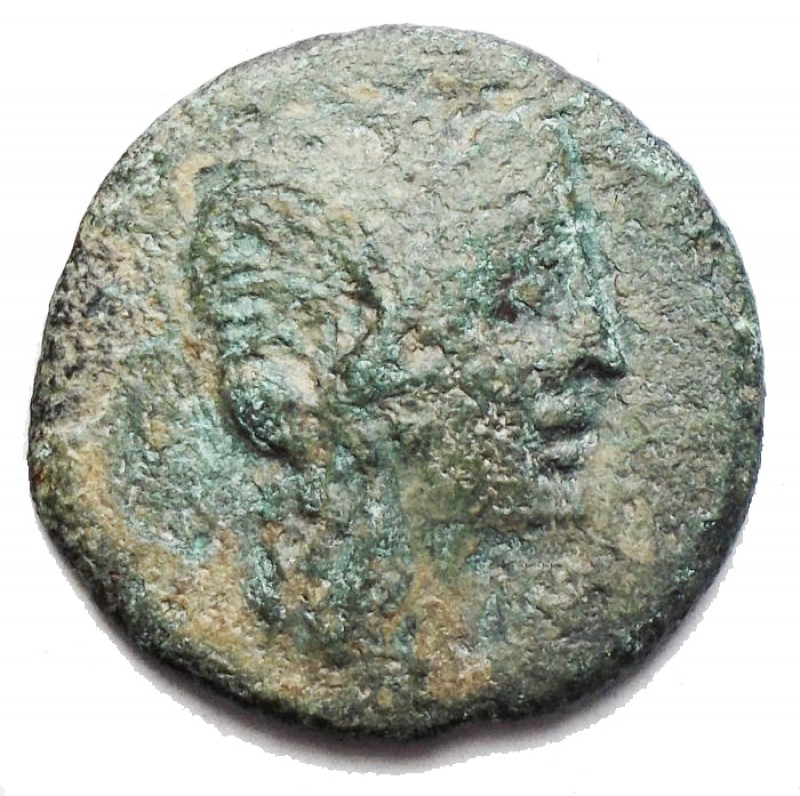 obverse: SICILY, Segesta. Ca 2nd - 1st Century BC. Æ 17, 41 mm (1,91 gm). Diademed head of Segesta right. / Horseman standing left beside his horse, spear diagonally behind. SNG ANS -; Calciati I pg. 303, 53. SNG ANS -;  a VF. Green patina. Unpublished variant. 