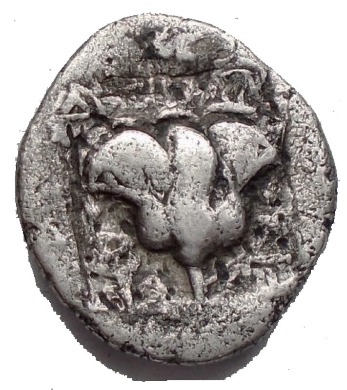 reverse: Greek. Caria. Rhodos. Hemidrachm AR. 11,7 x 13,17  mm. 1,15 g. d/ Radiate head of Helios facing slightly right r/ Rose with bud within incuse square. VF