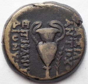 reverse: Seleukid Kings, Antiochos VI (145-142 BC). Æ (20mm, 7.78g). Apamea on the Orontes. Radiate and diademed head . R/ Amphora; palm to r.; Rif SC 2015.2d; HGC9, 1044. Brown patina, VF