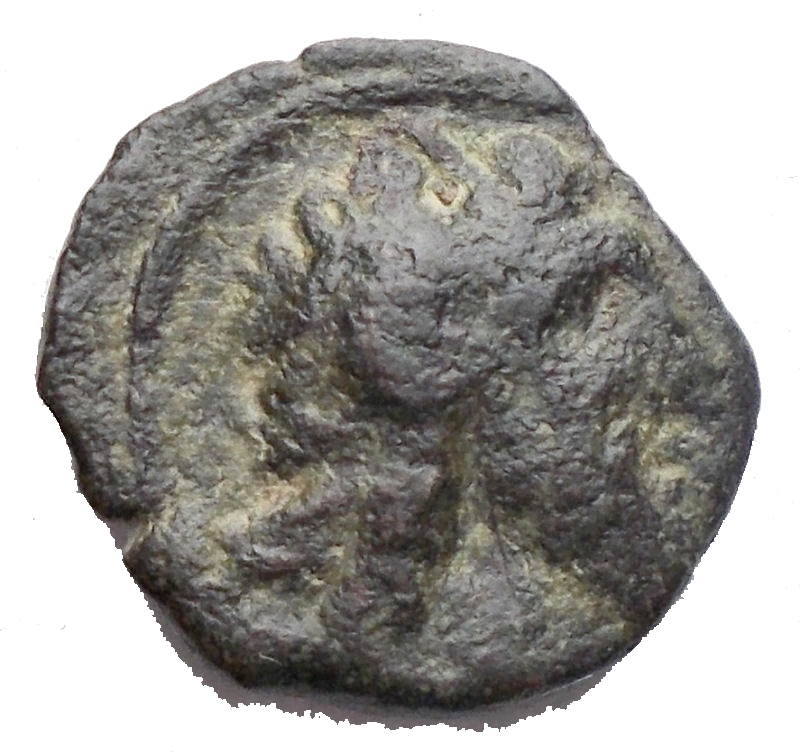 obverse: PTOLEMAIC KINGS of EGYPT. Ptolemy Apion. King of Kyrenaika, c. 104/1–96 BC. Æ Chalkous (9,15 mm; 2,48 g). Kyrene mint. Diademed head of Zeus-Ammon right / Headdress of Isis. Svoronos 1845 (Ptolemy XIII–Alexandreia); Weiser –; SNG Copenhagen 685-90 (Uncertain mint in Cyprus); Noeske 392-4 (Indeterminate mint in Cyprus or Alexandria); Asolati 113. VF, brown green patina. Rare.