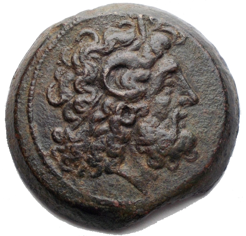 obverse: PTOLEMAIC KINGS of EGYPT. Ptolemy VIII Euergetes II (Physcon). 145-116 BC. Æ Trihemiobol (33.8mm, 22.96 g). Kyrene mint. Diademed head of Zeus-Ammon right / Eagle with open wings standing right on thunderbolt; K before. Svoronos 1649 (Alexandreia); Weiser 166 (Alexandreia); SNG Copenhagen 654 (Uncertain mint in Cyprus); Noeske 284-5 (Indeterminate mint in Cyprus); Asolati 92. ,  green brown patina, good VF/VF