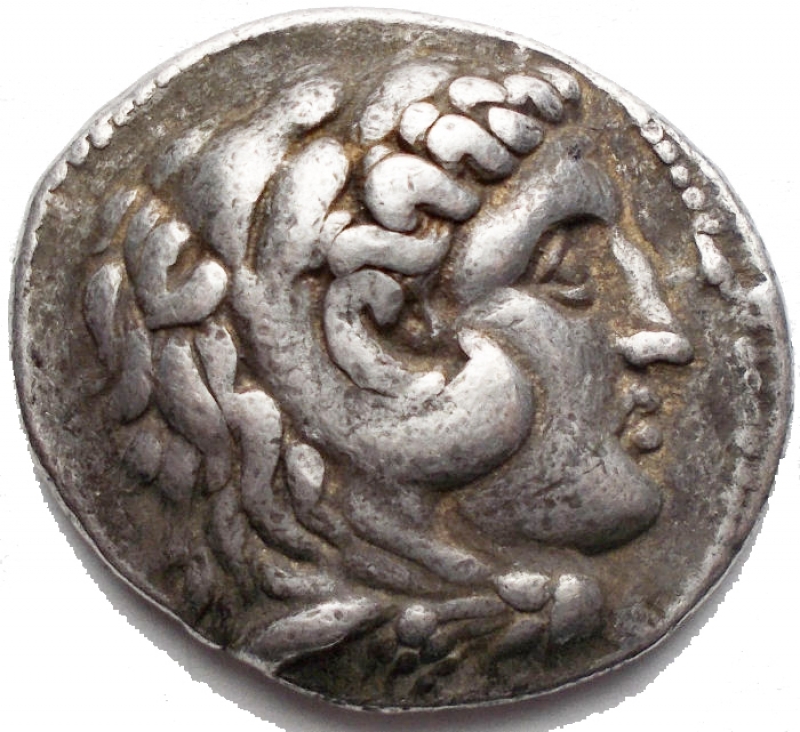 obverse: KINGS of MACEDON. Antigonos I Monophthalmos. As Strategos of Asia, 320-306/5 BC. AR Tetradrachm (28.3mm, 17.03 g ). In the name and types of Alexander III. Tyre mint. Head of Herakles right, wearing lion skin / Zeus Aëtophoros seated left; in left field, Phoenician legend. Good VF, toned