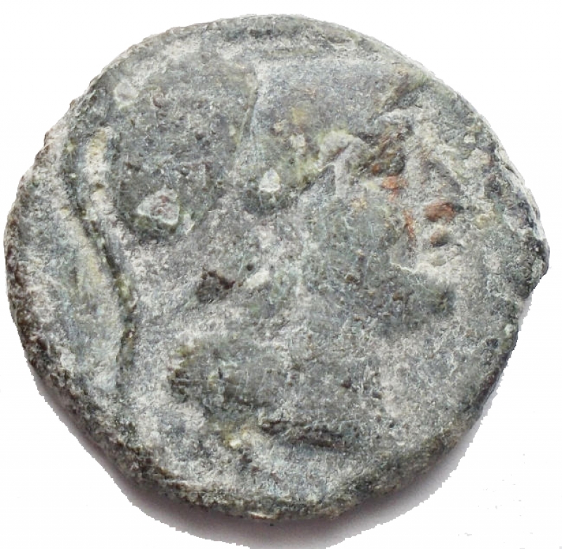 obverse: Caduceus series, Central Italy, 211-208 BC. Æ Triens (23 mm. 7,3 g). Helmeted head of Athena r. R/ Prow r.; caduceus above. Crawford 60/4. Rare. Untouched green patina. VF