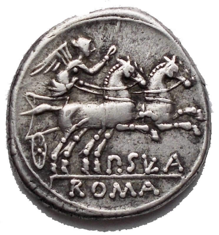 reverse: Roman Republican P. Sula 151 BC. Rome. Denarius AR. 18,8 mm. 3,61 g. Helmeted head of Roma right, X (mark of value) behind / Victory in galloping biga right; P. SULA below; ROMA in line border in exergue. Cr. 205/1; S. 386. aEF