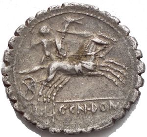 reverse: C. Malleolus C. f. AR Serrate Denarius. Narbo, 118 BC. C•MALLE•C•F, helmeted head of Roma right; X behind / Gallic warrior (Bituitus?), raising spear held in right hand, holding shield and serpent staff in left, driving galloping biga right; L•LIC•CN•DOM in exergue. Crawford 282/3; RSC Poblicia 1. 3.81g. 20,5 mm. Toned. Good VF+