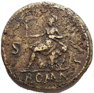 reverse: Nero 54-68. Sestertius 65 AD. O/ NERO CLAVDIVS CAESAR AVG GER P M TR P IMP PP Laureate head of Nero on the left R/ Roma with helmet and armour with short tunic and military boots, sitting on the left, in the right hand outstretched Victory, in the left spear, under shields, the right foot resting on the helmet (or on the armour?), in the S - C field, in the exergue, ROME. 25.5g. 34.3mm. Corrosions. aVF
