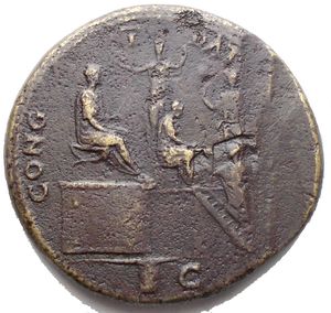 reverse: Nero. AD 54-68. Æ Sestertius (26,15 g). Lugdunum (Lyon) mint. Struck circa AD 66. Laureate head right, globe at point of bust / Nero seated right on high platform; before him, an official seated right on another platform handing congiarium to togate citizen standing with one foot on a flight of steps with extended hand; small boy standing left behind him; in background, Minerva standing left, holding owl and spear; on lower level, Liberalitas standing facing, holding up tessera. RIC I 502; WCN 439; Lyon 178. Crushing on the right margin (perhaps due to stapling). VF. Rare.