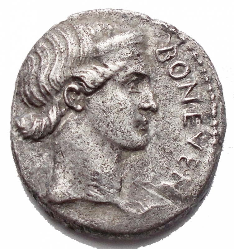 obverse: Roman Imperial Civil Wars, 68-69. Denarius (Silver 17,6 x19,2 mm. 3,62 g), uncertain mint in Spain, 68. BON EVENT Diademed head of Bonus Eventus to right. Rev. ROM RENASC Roma standing right, holding Victory in right hand and long eagle-tipped scepter in left. BMC 9-10. Cohen 396. Martin 52. Nicolas 49. RIC 9. Rare and good Very fine.
