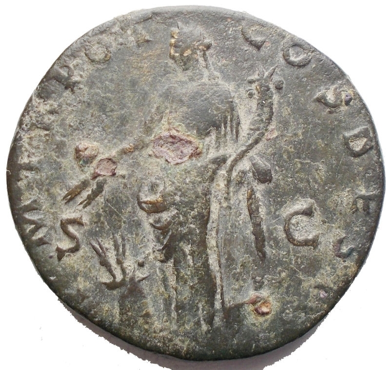 reverse: Impero Romano - Antonino Pio. 138-161. Sesterzio Ae. d/ IMP T AEL CAES HADR ANTONINVS AVG PIVS Testa laureata a sinistra r/ PM TR POT COS DES II l Abbonndanza o l Annona in pidi volta a sinistra con spighe e cornucopia, sotto a sn modio con spighe. gr 22,34. mm 32,51. BB+. Patina verde. Raro
