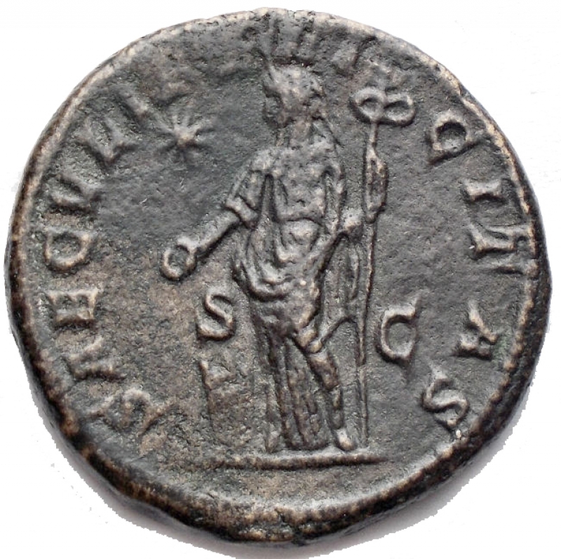 reverse: Julia Maesa Æ As. Rome, AD 220-222. Struck under Elagabalus. IVLIA MAESA AVG, draped bust right / SAECVLI FELICITAS, Felicitas standing left, holding long caduceus and sacrificing out of patera over  altar , S-C , star in field . g 8,05. mm 20,73 Good Very Fine.
