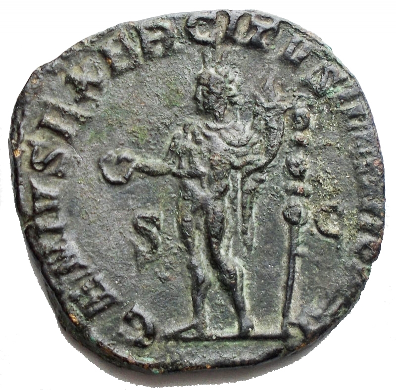 reverse: Traianus Decius (249-251 AD). AE Sestertius (26,6 mm, 11.14 g) Obv. IMP C M Q TRAIANVS DECIVS AVG, laureate and cuirassed bust right. Rev. GENIVS EXERCITVS ILLYRICANI, Genius standing left, wearing polos, holding patera and cornucopiae; to right, standard. RIC IV, 3, p. 122, 18. Good example. aEF. Green patina