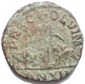 reverse: Hostilian Æ 27,1 of Viminacium, Moesia Superior. AD 251. C VAL HOST M QVINTVS CAE, bareheaded, draped and cuirassed bust right / P M S COL VIM / Moesia standing facing, head left, with hands outstretched; to left, bull standing right; to right, lion standing left; AN XII in exergue. Varbanov 194. 13,2 g a Very Fine.